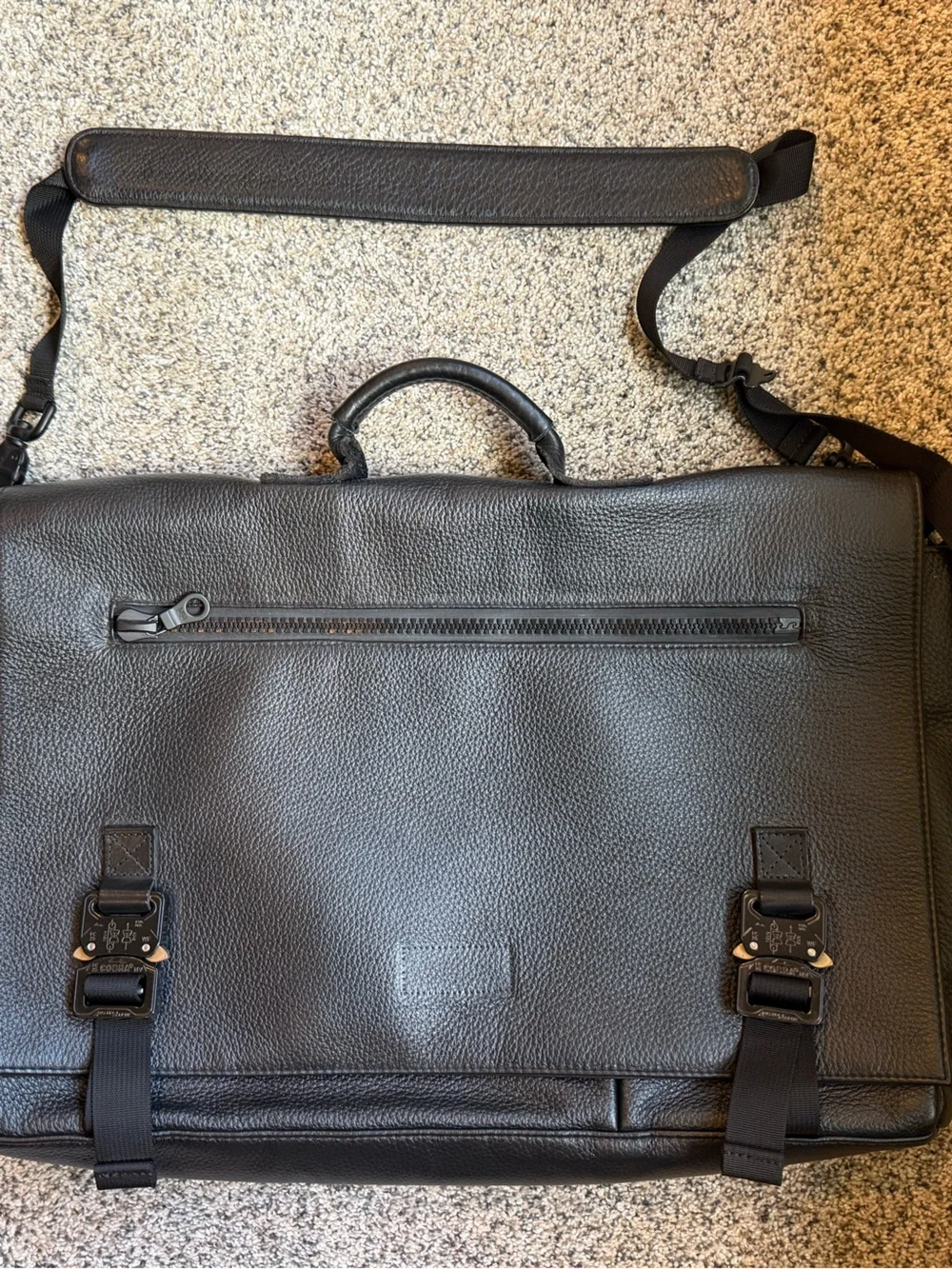 Black Leather Briefcase Messenger with Top Handle and Removable Strap